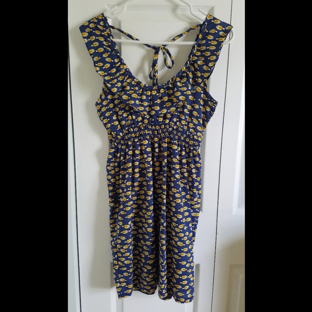 Audrey 3+1 Blue Fish Ruffle Dress Small Mod Cloth